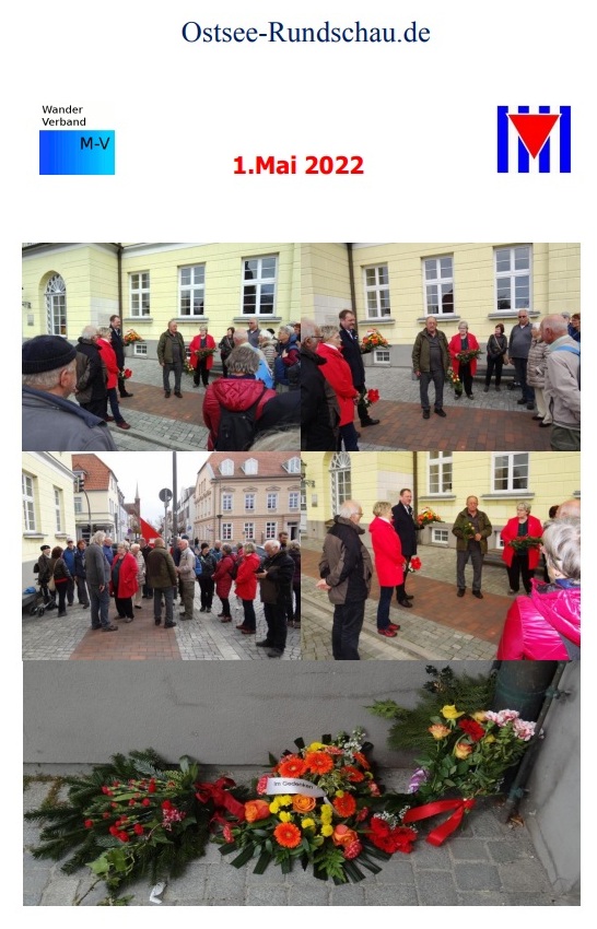 Abschlussveranstaltung der 28. Gedenkwanderung von Barth nach Ribnitz-Damgarten am 1. Mai 2022 an der Gedenktafel am Ribnitz-Damgartener Rathaus. Genosse Johannes Scheringer, Mitglied der Vereinigung der Verfolgten des Naziregimes Bund der Antifaschistinnen und Antifaschisten, und der Brgermeister der Bernsteinstadt Ribnitz-Damgarten Herr Thomas Huth sprachen in kurzen Statements Worte des Gedenkens. Foto: Eckart Kreitlow