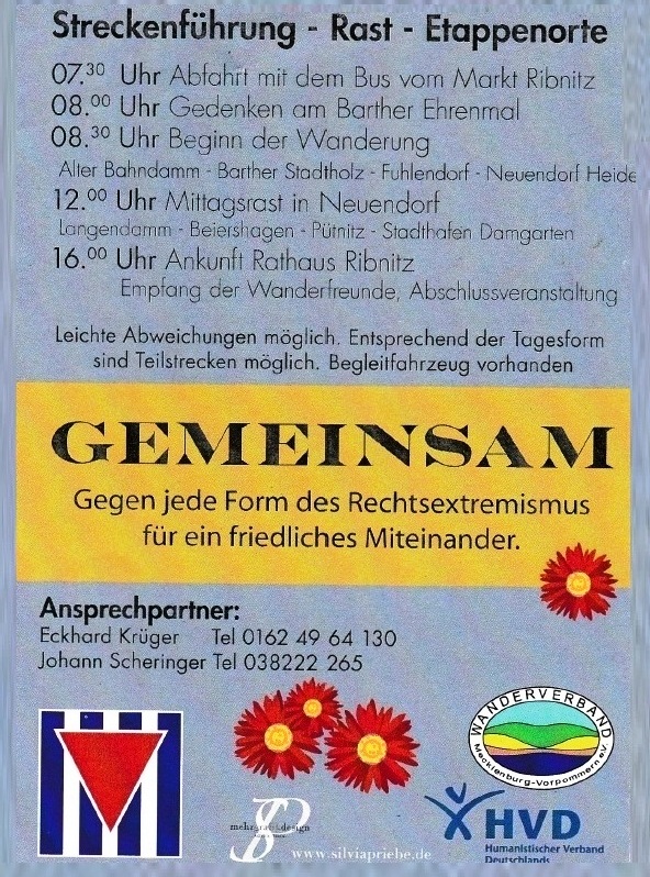 29. Gedenkwanderung Barth - Ribnitz-Damgarten am 1. Mai 2023 - Gedenken in Barth am Ehrenmal und Abschlussveranstaltung am Rathaus Ribnitz - Zum Gedenken an die Opfer des Faschismus rufen der Wanderbund M-V, die Vereinigung der Verfolgten des Naziregimes Bund der Antifaschisten M-V und der Humanistische Verband Deutschland MV zur Teilnahme an der Wanderung und der Abschlusskundgebung auf.