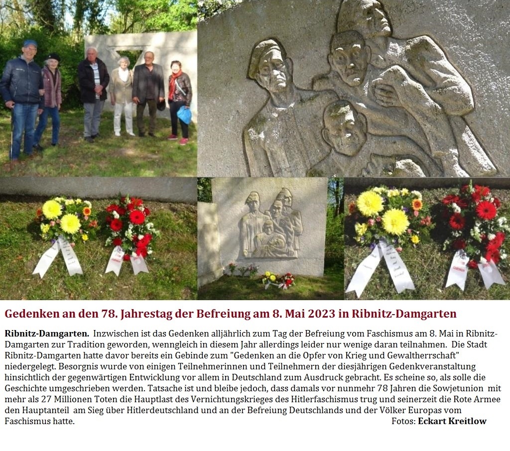 Gedenken an den 78. Jahrestag der Befreiung am 8. Mai 2023 in Ribnitz-Damgarten - Inzwischen ist das Gedenken alljährlich zum Tag der Befreiung vom Faschismus am 8. Mai in Ribnitz-Damgarten zur Tradition geworden, wenngleich in diesem Jahr allerdings leider nur wenige daran teilnahmen.  Die Stadt Ribnitz-Damgarten hatte davor bereits ein Gebinde zum 