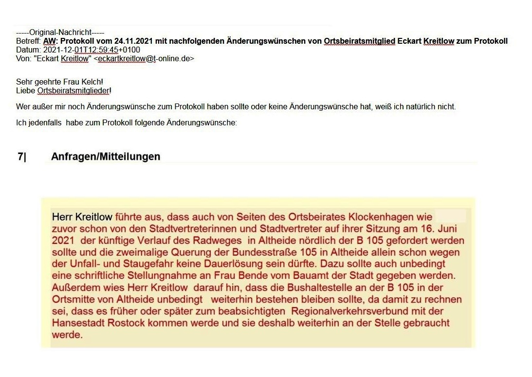 nderungswnsche zum Protokollentwurf von Frau Sandra Kelch, Bernsteinstadt Ribnitz-Damgarten, von der 13. Ortsbeiratssitzung Klockenhagen am 24.11.2021 von Ortsbeiratsmitglied Eckart Kreitlow vom Ortsbeirat Klockenhagen. 