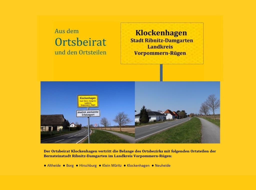 Aus dem Ortsbeirat Klockenhagen  und den Ortsteilen der Bernsteinstadt Ribnitz-Damgarten - Der Ortsbeirat Klockenhagen vertritt die Belange des Ortsbezirks mit den Ortsteilen Altheide, Borg, Hirschburg, Klein Mritz, Klockenhagen und Neuheide der Bernsteinstadt Ribnitz-Damgarten im Landkreis Vorpommern-Rgen im Bundesland Mecklenburg-Vorpommern - Ostsee-Rundschau.de