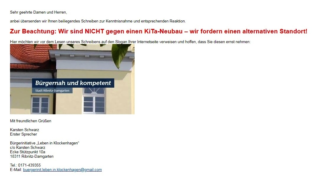Stopp des B-Plans Nr. 108 der Stadt Ribnitz-Damgarten - Bürgerinitiative 'Leben in Klockenhagen' - E-Mail vom 03.10.2022