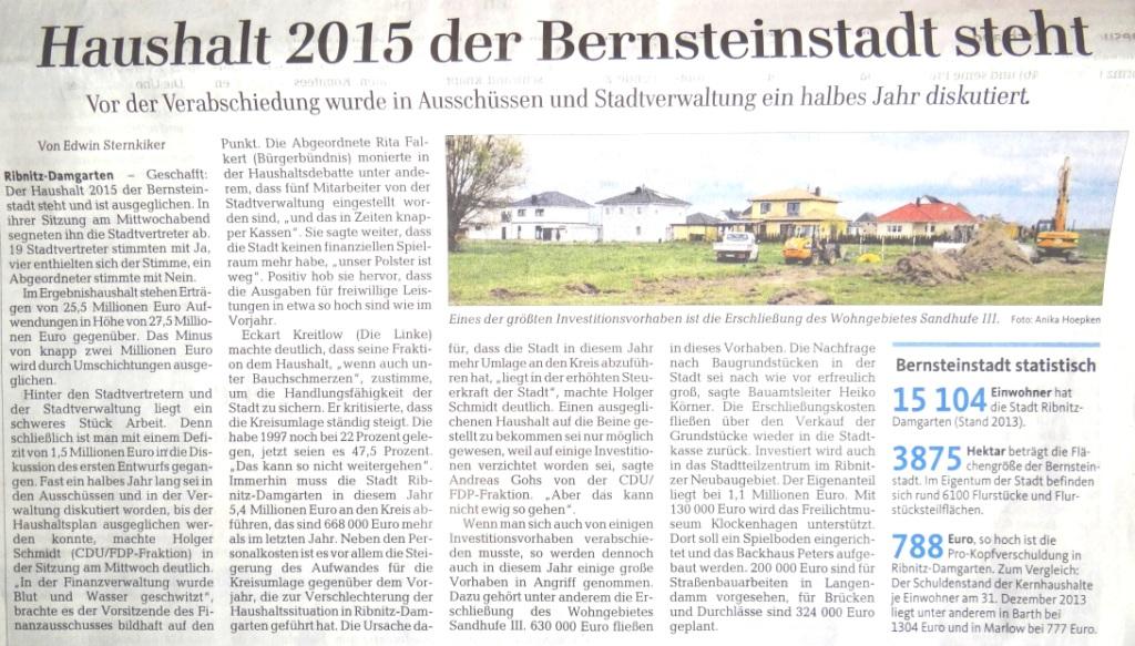 Haushalt 2015 der Bernsteinstadt steht / Beitrag in der Ribnitz-Damgartener Wochenendausgabe der Ostsee-Zeitung vom 2./3.Mai 2015 Lokalteil Seite 9