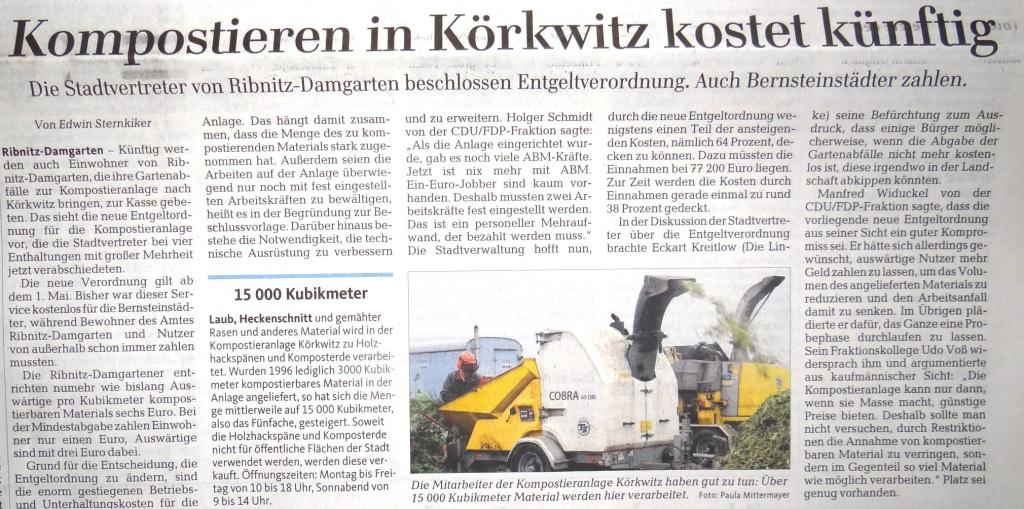 Kompostieren in Körkwitz kostet künftig / Beitrag in der Ribnitz-Damgartener Montagausgabe der Ostsee-Zeitung vom 4.Mai 2015 Lokalteil Seite 9
