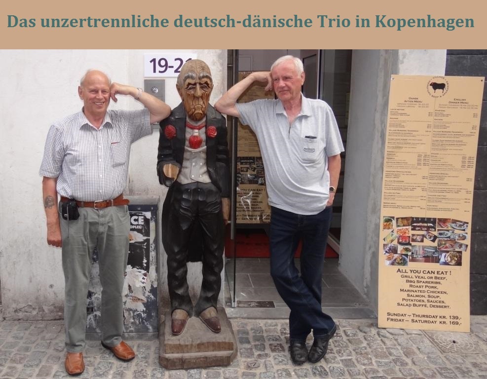 Das unzertrennliche deutsch-dnische Trio in Kopenhagen - ein deutscher Geschftsmann inmitten von zwei deutschen Touristen aus Mecklenburg-Vorpommern im Zentrum der dnischen Metropole Kopenhagen. Foto: Eckart Kreitlow