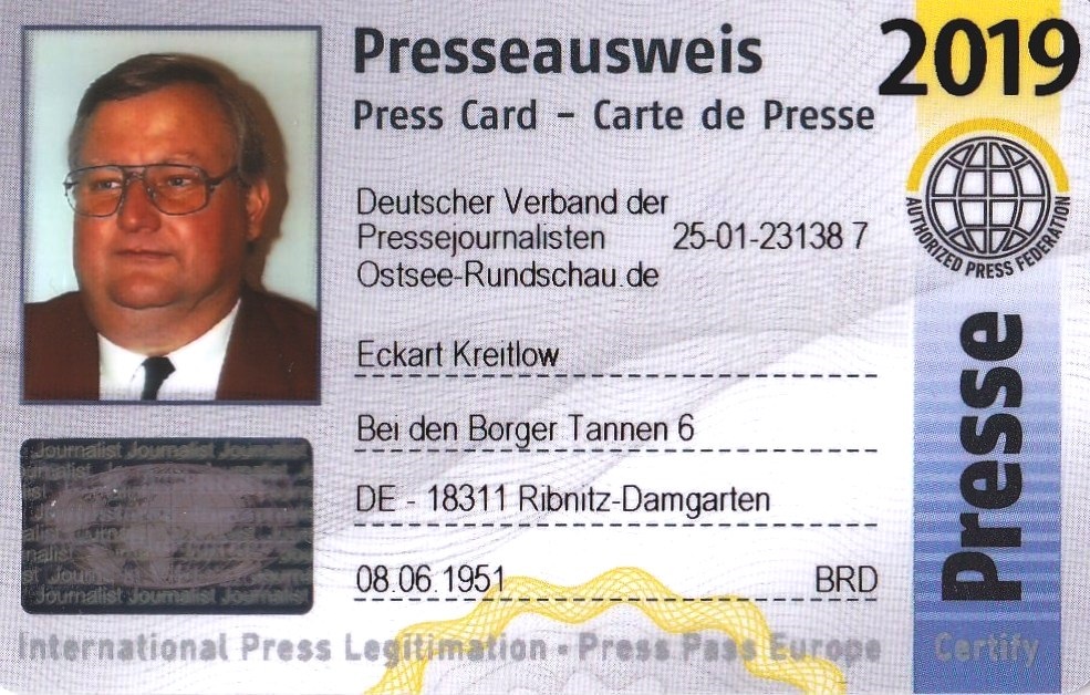 Eckart Kreitlow - Mitglieds-Ausweis für 2019 des Deutschen Verbandes der Pressejournalisten  - Internationaler Presseausweis wird jährlich aktualisiert