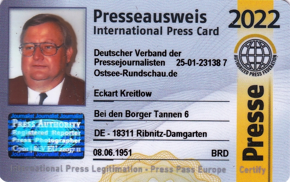 Eckart Kreitlow - Mitglieds-Ausweis für 2022 des Deutschen Verbandes der Pressejournalisten  - Internationaler Presseausweis wird jährlich aktualisiert