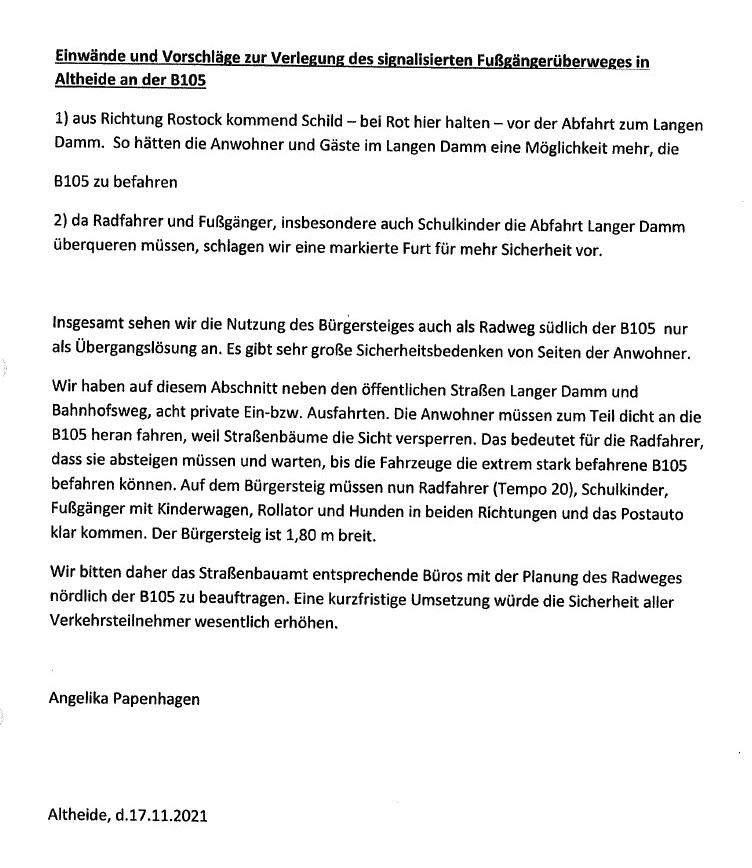 Einwnde und Vorschlge zur Verlegung des signalisierten Fugngerberweges in Altheide an der B 105 - Ortsbeiratsmitglied Angelika Papenhagen - Altheide, den 17.11.2021 - Anlage zum Protokoll vom 24.11.2021 - E-Mail vom 30.11.2021 von Frau Sandra Kelch,  Bernsteinstadt Ribnitz-Damgarten   