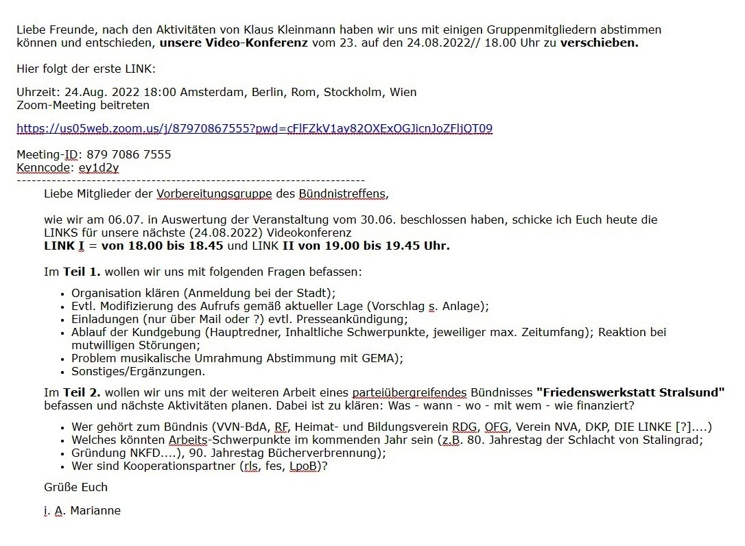 Erinnerung: LINK I - Videokonferenz am 24.08.2022 Vorbereitungsgruppe HST - Aus dem Posteingang von Dr. Marianne Linke vom 23.08.2022 - Link: https://us05web.zoom.us/j/87970867555?pwd=cFlFZkV1ay82OXExOGJicnJoZFljQT09 