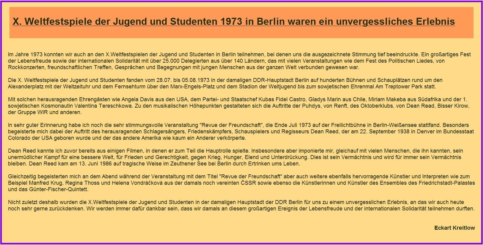 Erinnerungen an die X. Weltfestspiele der Jugend und Studenten 1973 in der damaligen Hauptstadt der DDR Berlin - DDR-Erinnerungen - Ostsee-Rundschau.de - Neue Unabhngige Onlinezeitungen (NUOZ)