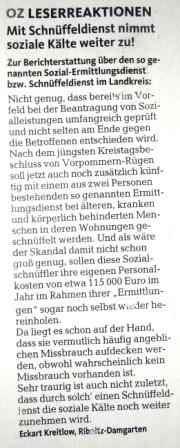 Leserbrief vom 19.März 2015 zum so genannten Sozial-Ermittlungsdienst bzw. Schnüffeldienst an die Ostsee-Zeitung, erschienen in der Ribnitz-Damgartener Ausgabe der OZ am 25.März 2015