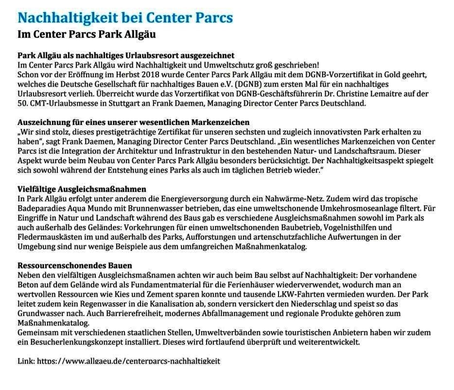 Nachhaltigkeit bei Center Parcs - Im Center Parcs Park Allgäu - Park Allgäu als nachhaltiges Urlaubsresort ausgezeichnet - Link: https://www.allgaeu.de/centerparcs-nachhaltigkeit