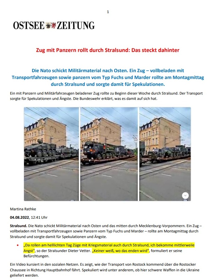 Stralsund - Truppentransporte und Sanktionen - Zug mit Panzern rollt durch Stralsund - Die NATO schickt Militrmaterial nach Osten - Zug - vollbeladen mit Panzern vom Typ Fuchs und Marder sowie Transportfahrzeuge -  OZ vom 04.08.2022 - Aus dem Posteingang von Dr. Marianne Linke vom 05.08.2022 - (1) 