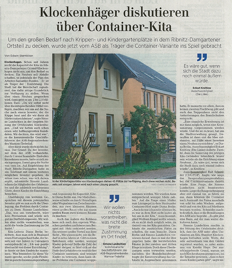 OZ-Beitrag Mittwoch, 07. Oktober 2020 | Seite 9 - Ostsee-Zeitung Ribnitz-Damgarten - Klockenhäger diskutieren über Container-Kita - Von Dr. Edwin Sternkiker