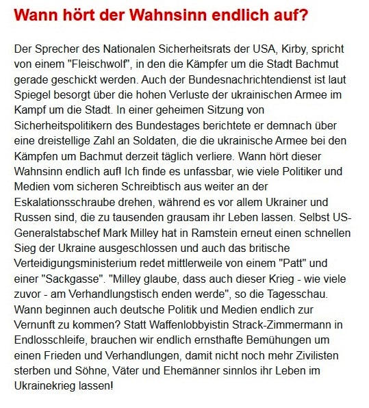 Aus dem Posteingang von Dr. Sahra Wagenknecht (MdB) - Team Sahra 27.01.2023 - Rutschbahn in den Weltkrieg? - Abschnitt 9 - Link: https://linke-gegen-kriegsbeteiligung.de/