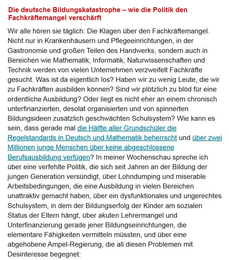 Aus dem Posteingang von Dr. Sahra Wagenknecht (MdB) - Team Sahra - 30.03.2023 - Die deutsche Bildungskatastrophe – wie die Politik den Fachkräftemangel verschärft - Abschnitt 1 - Link: https://www.youtube.com/watch?v=oBRUvMSHsHs