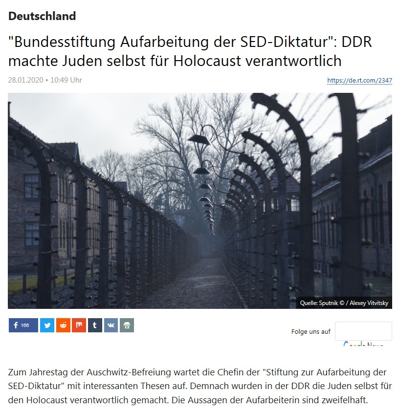 Deutschland - Zweifelhafte Aussagen - 'Bundesstiftung Aufarbeitung der SED-Diktatur': DDR machte Juden selbst fr Holocaust verantwortlich - Zum Jahrestag der Auschwitz-Befreiung wartet die Chefin der 'Stiftung zur Aufarbeitung der SED-Diktatur' mit interessanten Thesen auf. Demnach wurden in der DDR die Juden selbst fr den Holocaust verantwortlich gemacht. Die Aussagen der Aufarbeiterin sind zweifelhaft.  